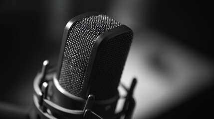 Poster - A close-up shot of a vintage-style microphone in black and white