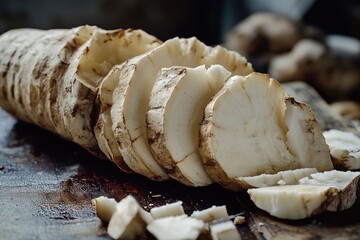 Poster - Close-up shot of sliced potatoes on a cutting board, perfect for food-related content