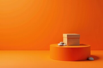 Small wooden box on an orange pedestal with a few decorative stones, minimalist, orange