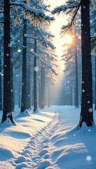 Wall Mural - Snowflakes dance around pine trunks in a frosty veil, forest, scenery, nature