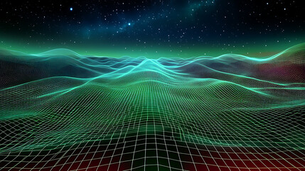 Fototapete - A vibrant digital landscape featuring green and blue grid waves under a starry sky, creating a futuristic and abstract atmosphere.