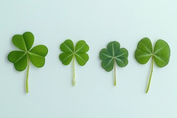 Poster - A collection of four-leaf clovers arranged on a clean white surface, ideal for use in illustrations or designs related to good luck and positivity