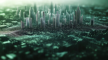 Fototapete - A futuristic cityscape rendered in green tones, featuring skyscrapers and intricate networks, creating a digital, cyberpunk atmosphere.