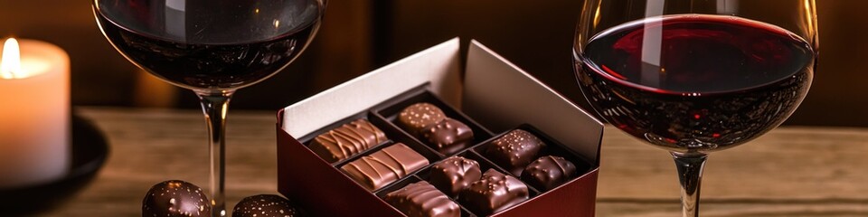 Aufkleber - A glass of red wine and a box of chocolates on a table
