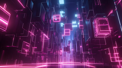 Fototapete - A vibrant, futuristic scene featuring glowing geometric shapes in shades of pink and blue, creating a digital, immersive environment.