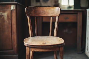 Poster - A simple wooden chair sits next to a traditional dresser, perfect for adding a touch of warmth to any room