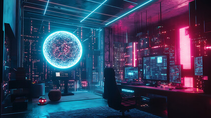 Fototapete - A futuristic gaming room with neon lights, sleek monitors, and a glowing sphere, creating a cyberpunk ambiance.