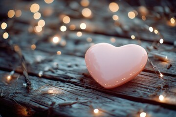 Poster - A heart-shaped object sits on a wooden table, ideal for decorative purposes or as a prop in still life photography