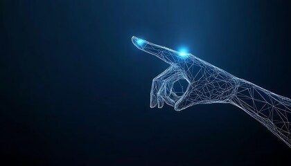 Poster - Abstract Digital Human Hand Touching on Glowing Dot. Low Poly Vector Illustration on Dark Blue Technological Background. Light Wireframe Connection Structure. Futuristic Technology Concept,


