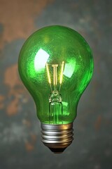 Poster - A single green light bulb sits on a table, ready for use