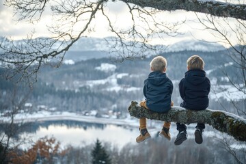 Wall Mural - Two children sitting on a tree branch, enjoying the outdoors