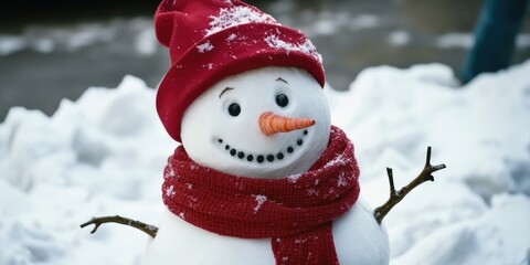 Poster - A close-up shot of a snowman dressed in winter attire, perfect for cold weather or festive scenes