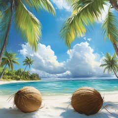 Poster - Two coconuts sitting on a beach, near the ocean