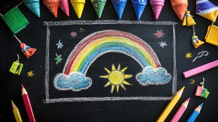 Poster - Colorful drawing of a rainbow and crayons on a blackboard, perfect for education or creativity themes