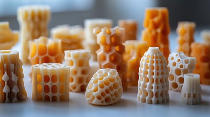 Poster - Close-up view of intricate, colorful 3D-printed structures on a table, showcasing design innovation