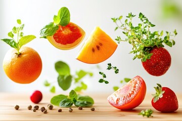 Poster - Fruit and vegetable arrangement on rustic wood surface