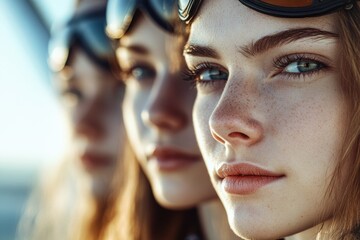 Poster - A close-up shot of three women wearing goggles, ideal for use in illustrations or designs related to science, technology, engineering, and mathematics (STEM) themes
