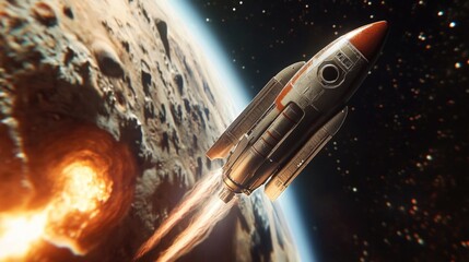 Poster - A space shuttle soaring through the atmosphere of a distant planet, with a bright star shining in the background