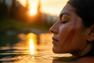 Wall Mural - A woman lying on the surface of the water with her eyes closed, possibly enjoying a moment of relaxation or meditation