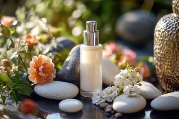 Poster - A bottle of perfume sits on a table, ready for use