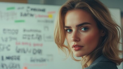 Poster - A woman stands in front of a whiteboard with notes and ideas written on it, ready to present her thoughts or lesson