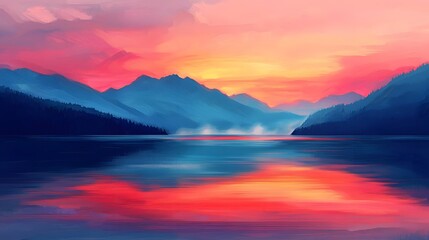 Wall Mural - Tranquil Lake at Dawn with Vibrant Pastel Sunrise Reflection