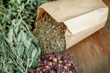 Poster - Fresh herbs arranged on a rustic wooden table, perfect for decorative or culinary use