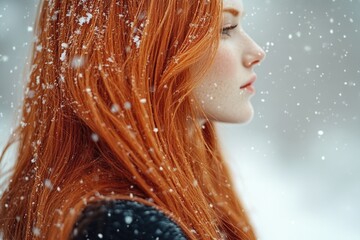 Poster - A woman with long red hair stands in a snowy environment, providing a pop of color against the winter wonderland