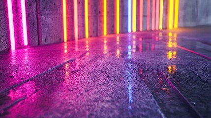 Poster - Neon lights reflect off a wet sidewalk at night