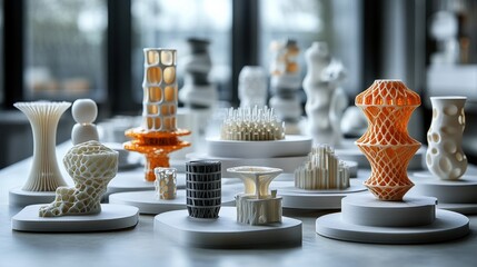Poster - Collection of intricately designed 3D-printed sculptures displayed on a table in a modern studio