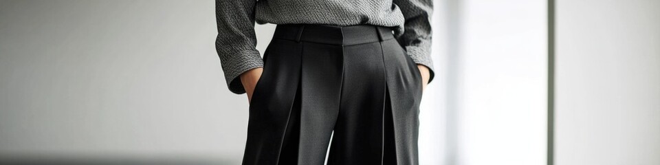 Poster - A woman wearing a gray shirt and black pants, the focus is on her outfit