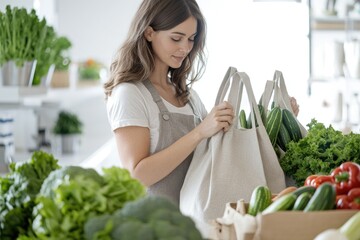 Poster - A woman stands in front of a display of fresh vegetables, holding a grocery bag in her hand