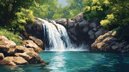 Wall Mural - Tranquil Waterfall Cascading Over Rocks in Lush Green Tropical Forest Scenery