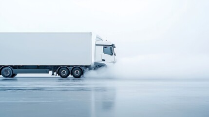 Poster - Cold Storage Transfer, frozen goods being moved from truck to plane, swirling mist from dry ice in the air, minimalist background, clean and simple setting, ample free space