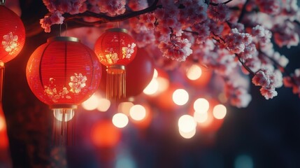 Poster - A string of red lanterns suspended from a tree branch