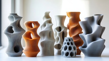 Wall Mural - Collection of modern 3D-printed vases in various shapes and colors displayed on a table