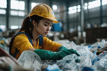 Poster - A woman working in a factory, sorting plastic bottles from different colors and shapes