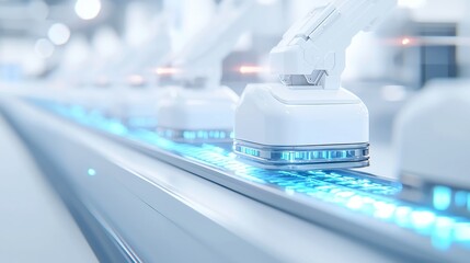 Poster - Automated Package Handling, advanced robotic arms efficiently sorting express freight on conveyor belts, surrounded by a streamlined, minimalist environment filled with mechanical sounds.