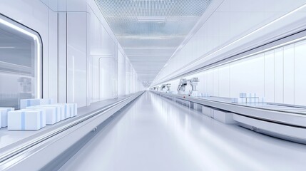 Poster - Automated Package Sorting System, efficient arms swiftly navigating conveyor belts, machinery hums in the air, minimalist design enhances focus on streamlined operations.