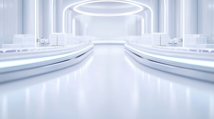 Poster - Express Freight Operations, automated arms efficiently sorting packages on conveyor belts, the rhythmic hum of machinery creating an industrious atmosphere, streamlined and organized environment