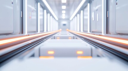 Poster - Automated Freight Sorting System, swift movement of packages on conveyor belts, dynamic machinery sounds, minimalist design, efficient operation, streamlined workspace, organized logistics environment
