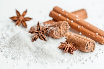 Poster - Cinnamon sticks and star anise arranged on a clean white surface, great for food styling or spice storage