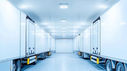 Poster - Refrigerated Logistics, loading perishable goods onto refrigerated trucks in a bright, organized warehouse environment, highlighting efficiency and careful handling of frozen items