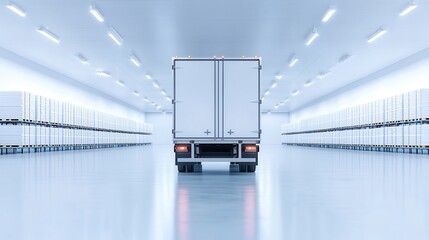 Poster - Refrigerated Logistics in Action, a busy warehouse scene where trucks are loaded with perishable items, illuminated by bright floodlights, emphasizing efficiency and organization.