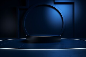 Poster - Black round podium illuminating with blue neon lights in dark blue room, perfect for placing products