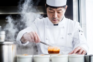 Wall Mural - A chef is cooking in a modern kitchen with appliances and utensils