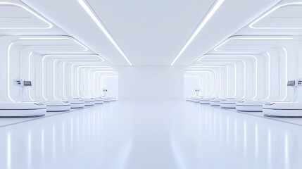 Poster - Futuristic Cargo Hub, advanced facility featuring sleek architecture, robotic systems efficiently managing shipments in a streamlined and spacious environment.
