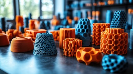 Poster - Colorful 3D printed objects displayed on a table in a bright workshop with natural light