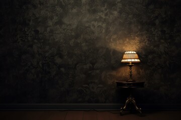 Poster - Warm light illuminating dark room with floral wallpaper, creating a cozy and nostalgic atmosphere