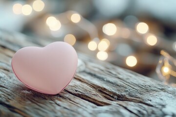 Poster - A pink heart-shaped object sits on top of a wooden table, perfect for decoration or gift-giving